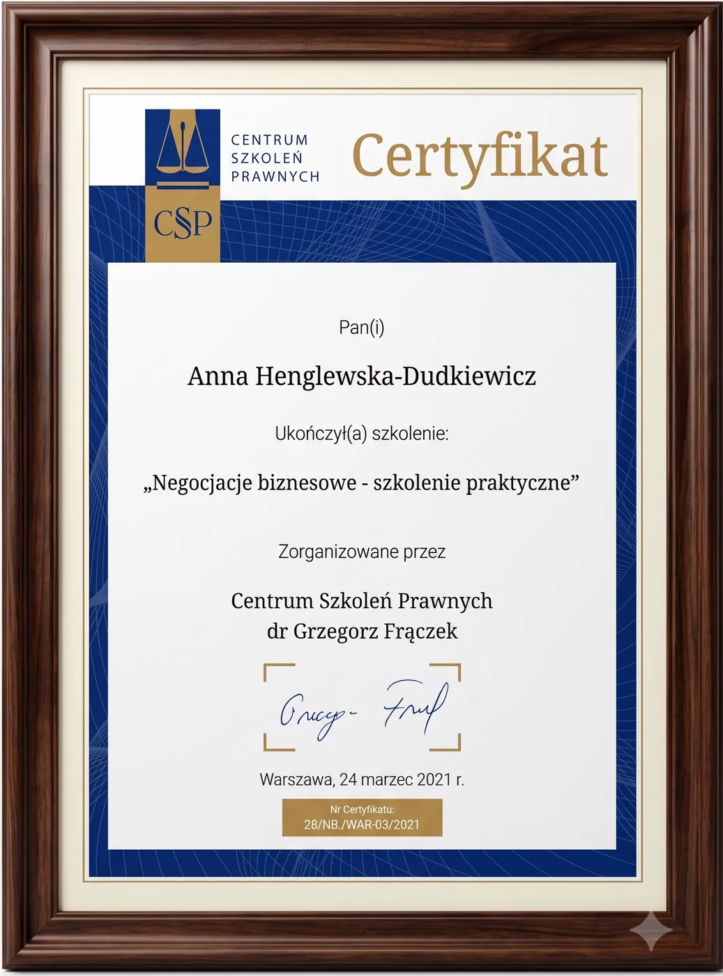 Negocjacje biznesowe — certyfikat, Centrum Szkoleń Prawnych dr Grzegorz Frączek