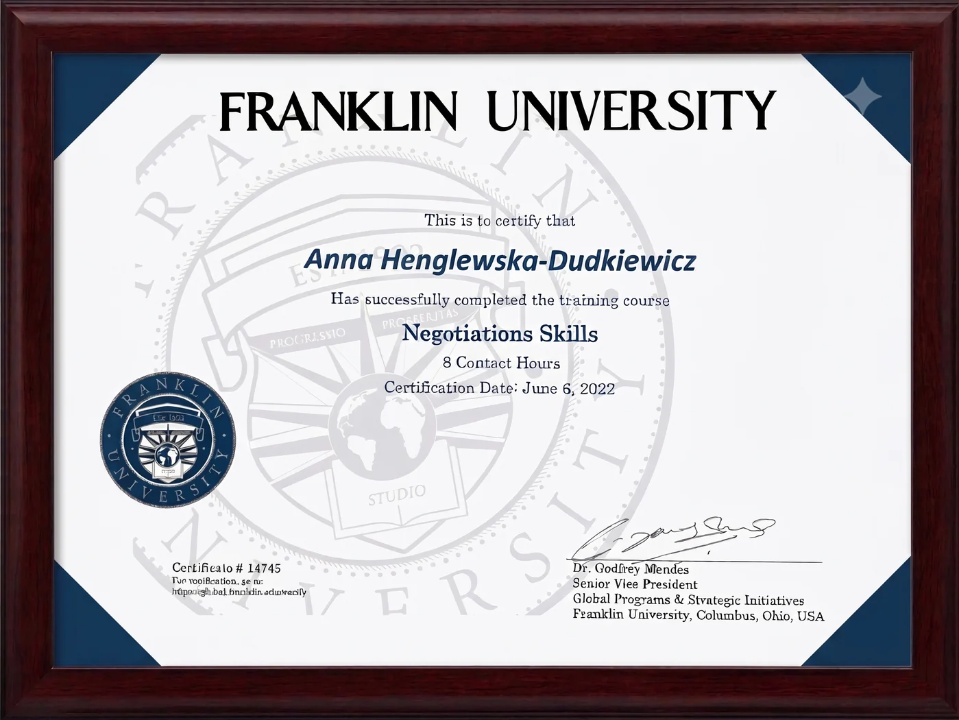 Negotiations Skills — certyfikat, Franklin University, Columbus, Ohio, USA