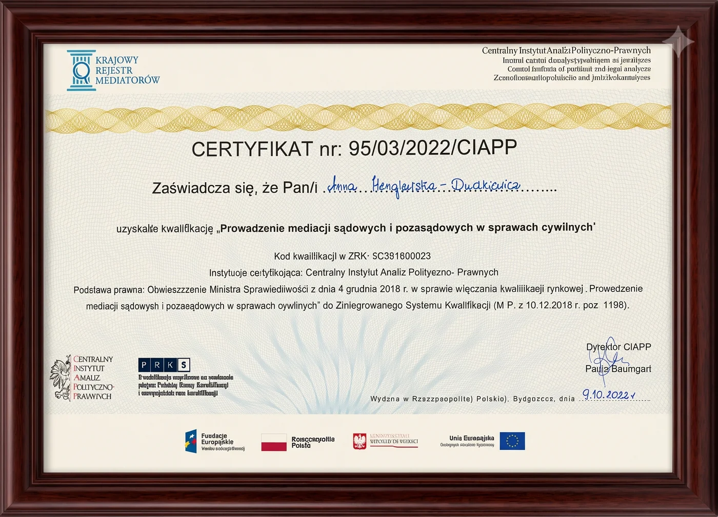 Prowadzenie mediacji sądowych i pozasądowych w sprawach cywilnych — certyfikat, Krajowy Rejestr Mediatorów / Centralny Instytut Analiz Polityczno-Prawnych