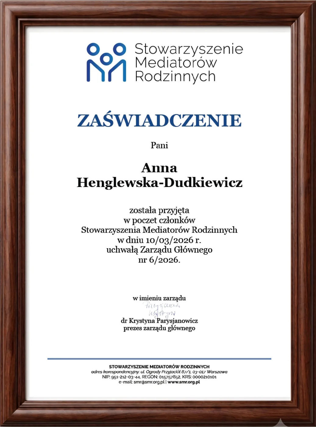 Członkostwo w Stowarzyszeniu Mediatorów Rodzinnych — certyfikat, Stowarzyszenie Mediatorów Rodzinnych